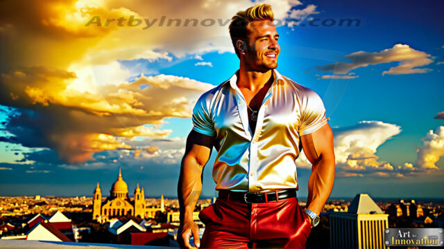 The Men of the Golden City is a collection of AI generated images of beautiful, glamorous, handsome guys in the heavens. The heavenly landscape evokes a sense of magnificence, the majestic gothic architecture, is detailed and crafted to create an atmosphere of reverence and divine glory. The mystical and galactic landscape highlights the golden city. The great detail of the city and the billowing clouds. A golden river flows from the city to the end of the galaxy. The vast galaxy almost covers the image. The stars and constellations sparkle in the galaxy. The city has massive, magnificent, majestic gothic architecture.