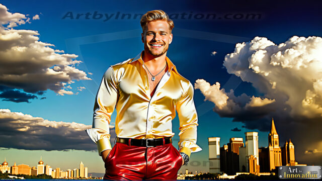 The Men of the Golden City is a collection of AI generated images of beautiful, glamorous, handsome guys in the heavens. The heavenly landscape evokes a sense of magnificence, the majestic gothic architecture, is detailed and crafted to create an atmosphere of reverence and divine glory. The mystical and galactic landscape highlights the golden city. The great detail of the city and the billowing clouds. A golden river flows from the city to the end of the galaxy. The vast galaxy almost covers the image. The stars and constellations sparkle in the galaxy. The city has massive, magnificent, majestic gothic architecture.