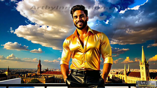 The Men of the Golden City is a collection of AI generated images of beautiful, glamorous, handsome guys in the heavens. The heavenly landscape evokes a sense of magnificence, the majestic gothic architecture, is detailed and crafted to create an atmosphere of reverence and divine glory. The mystical and galactic landscape highlights the golden city. The great detail of the city and the billowing clouds. A golden river flows from the city to the end of the galaxy. The vast galaxy almost covers the image. The stars and constellations sparkle in the galaxy. The city has massive, magnificent, majestic gothic architecture.