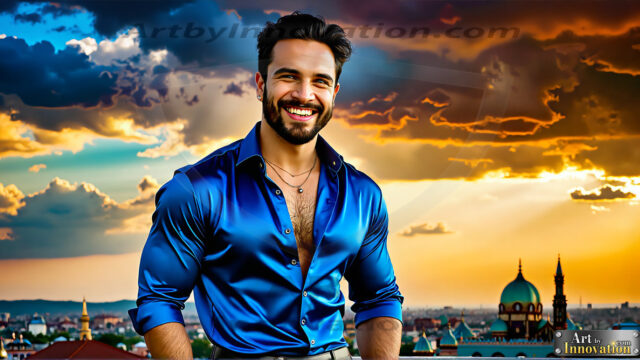 The Men of the Golden City is a collection of AI generated images of beautiful, glamorous, handsome guys in the heavens. The heavenly landscape evokes a sense of magnificence, the majestic gothic architecture, is detailed and crafted to create an atmosphere of reverence and divine glory. The mystical and galactic landscape highlights the golden city. The great detail of the city and the billowing clouds. A golden river flows from the city to the end of the galaxy. The vast galaxy almost covers the image. The stars and constellations sparkle in the galaxy. The city has massive, magnificent, majestic gothic architecture.