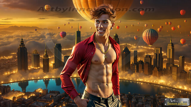 The Men of the Golden City is a collection of AI generated images of beautiful, glamorous, handsome guys in the heavens. The heavenly landscape evokes a sense of magnificence, the majestic gothic architecture, is detailed and crafted to create an atmosphere of reverence and divine glory. The mystical and galactic landscape highlights the golden city. The great detail of the city and the billowing clouds. A golden river flows from the city to the end of the galaxy. The vast galaxy almost covers the image. The stars and constellations sparkle in the galaxy. The city has massive, magnificent, majestic gothic architecture.