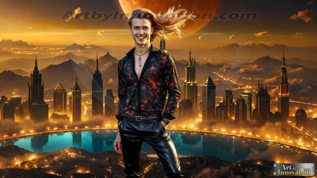 The Men of the Golden City is a collection of AI generated images of beautiful, glamorous, handsome guys in the heavens. The heavenly landscape evokes a sense of magnificence, the majestic gothic architecture, is detailed and crafted to create an atmosphere of reverence and divine glory. The mystical and galactic landscape highlights the golden city. The great detail of the city and the billowing clouds. A golden river flows from the city to the end of the galaxy. The vast galaxy almost covers the image. The stars and constellations sparkle in the galaxy. The city has massive, magnificent, majestic gothic architecture.