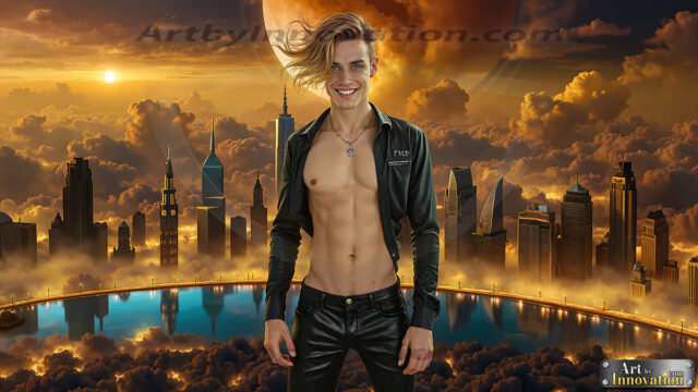 The Men of the Golden City is a collection of AI generated images of beautiful, glamorous, handsome guys in the heavens. The heavenly landscape evokes a sense of magnificence, the majestic gothic architecture, is detailed and crafted to create an atmosphere of reverence and divine glory. The mystical and galactic landscape highlights the golden city. The great detail of the city and the billowing clouds. A golden river flows from the city to the end of the galaxy. The vast galaxy almost covers the image. The stars and constellations sparkle in the galaxy. The city has massive, magnificent, majestic gothic architecture.