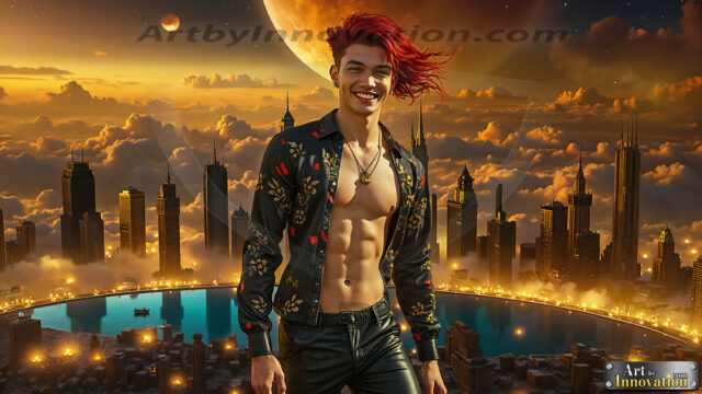 The Men of the Golden City is a collection of AI generated images of beautiful, glamorous, handsome guys in the heavens. The heavenly landscape evokes a sense of magnificence, the majestic gothic architecture, is detailed and crafted to create an atmosphere of reverence and divine glory. The mystical and galactic landscape highlights the golden city. The great detail of the city and the billowing clouds. A golden river flows from the city to the end of the galaxy. The vast galaxy almost covers the image. The stars and constellations sparkle in the galaxy. The city has massive, magnificent, majestic gothic architecture.