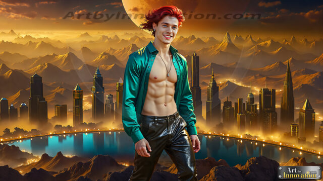 The Men of the Golden City is a collection of AI generated images of beautiful, glamorous, handsome guys in the heavens. The heavenly landscape evokes a sense of magnificence, the majestic gothic architecture, is detailed and crafted to create an atmosphere of reverence and divine glory. The mystical and galactic landscape highlights the golden city. The great detail of the city and the billowing clouds. A golden river flows from the city to the end of the galaxy. The vast galaxy almost covers the image. The stars and constellations sparkle in the galaxy. The city has massive, magnificent, majestic gothic architecture.