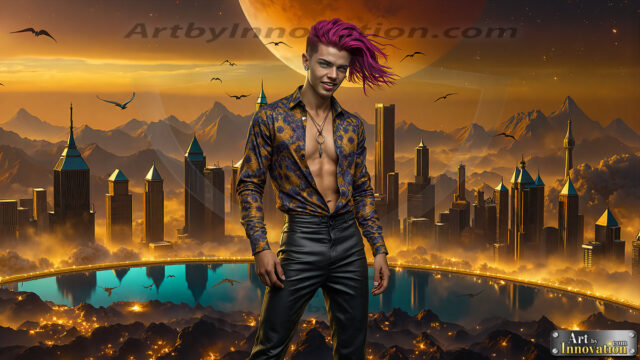The Men of the Golden City is a collection of AI generated images of beautiful, glamorous, handsome guys in the heavens. The heavenly landscape evokes a sense of magnificence, the majestic gothic architecture, is detailed and crafted to create an atmosphere of reverence and divine glory. The mystical and galactic landscape highlights the golden city. The great detail of the city and the billowing clouds. A golden river flows from the city to the end of the galaxy. The vast galaxy almost covers the image. The stars and constellations sparkle in the galaxy. The city has massive, magnificent, majestic gothic architecture.
