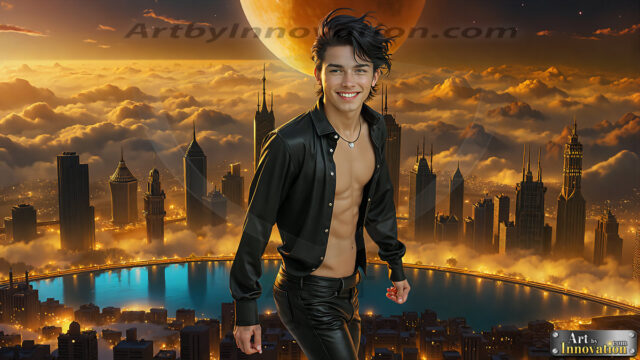 The Men of the Golden City is a collection of AI generated images of beautiful, glamorous, handsome guys in the heavens. The heavenly landscape evokes a sense of magnificence, the majestic gothic architecture, is detailed and crafted to create an atmosphere of reverence and divine glory. The mystical and galactic landscape highlights the golden city. The great detail of the city and the billowing clouds. A golden river flows from the city to the end of the galaxy. The vast galaxy almost covers the image. The stars and constellations sparkle in the galaxy. The city has massive, magnificent, majestic gothic architecture.