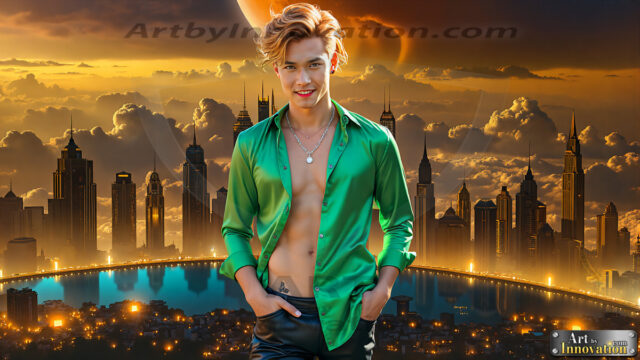 The Men of the Golden City is a collection of AI generated images of beautiful, glamorous, handsome guys in the heavens. The heavenly landscape evokes a sense of magnificence, the majestic gothic architecture, is detailed and crafted to create an atmosphere of reverence and divine glory. The mystical and galactic landscape highlights the golden city. The great detail of the city and the billowing clouds. A golden river flows from the city to the end of the galaxy. The vast galaxy almost covers the image. The stars and constellations sparkle in the galaxy. The city has massive, magnificent, majestic gothic architecture.