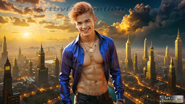 The Men of the Golden City is a collection of AI generated images of beautiful, glamorous, handsome guys in the heavens. The heavenly landscape evokes a sense of magnificence, the majestic gothic architecture, is detailed and crafted to create an atmosphere of reverence and divine glory. The mystical and galactic landscape highlights the golden city. The great detail of the city and the billowing clouds. A golden river flows from the city to the end of the galaxy. The vast galaxy almost covers the image. The stars and constellations sparkle in the galaxy. The city has massive, magnificent, majestic gothic architecture.