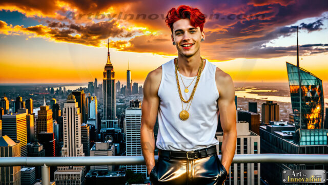 The Men of the Golden City is a collection of AI generated images of beautiful, glamorous, handsome guys in the heavens. The heavenly landscape evokes a sense of magnificence, the majestic gothic architecture, is detailed and crafted to create an atmosphere of reverence and divine glory. The mystical and galactic landscape highlights the golden city. The great detail of the city and the billowing clouds. A golden river flows from the city to the end of the galaxy. The vast galaxy almost covers the image. The stars and constellations sparkle in the galaxy. The city has massive, magnificent, majestic gothic architecture.