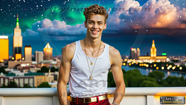 The Men of the Golden City is a collection of AI generated images of beautiful, glamorous, handsome guys in the heavens. The heavenly landscape evokes a sense of magnificence, the majestic gothic architecture, is detailed and crafted to create an atmosphere of reverence and divine glory. The mystical and galactic landscape highlights the golden city. The great detail of the city and the billowing clouds. A golden river flows from the city to the end of the galaxy. The vast galaxy almost covers the image. The stars and constellations sparkle in the galaxy. The city has massive, magnificent, majestic gothic architecture.