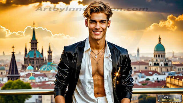 The Men of the Golden City is a collection of AI generated images of beautiful, glamorous, handsome guys in the heavens. The heavenly landscape evokes a sense of magnificence, the majestic gothic architecture, is detailed and crafted to create an atmosphere of reverence and divine glory. The mystical and galactic landscape highlights the golden city. The great detail of the city and the billowing clouds. A golden river flows from the city to the end of the galaxy. The vast galaxy almost covers the image. The stars and constellations sparkle in the galaxy. The city has massive, magnificent, majestic gothic architecture.