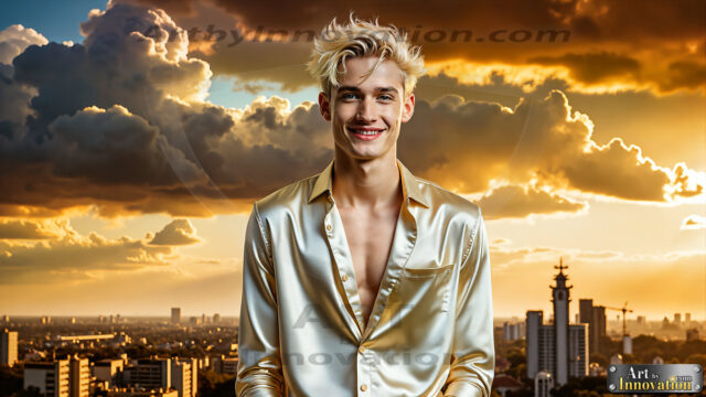 The Men of the Golden City is a collection of AI generated images of beautiful, glamorous, handsome guys in the heavens. The heavenly landscape evokes a sense of magnificence, the majestic gothic architecture, is detailed and crafted to create an atmosphere of reverence and divine glory. The mystical and galactic landscape highlights the golden city. The great detail of the city and the billowing clouds. A golden river flows from the city to the end of the galaxy. The vast galaxy almost covers the image. The stars and constellations sparkle in the galaxy. The city has massive, magnificent, majestic gothic architecture.
