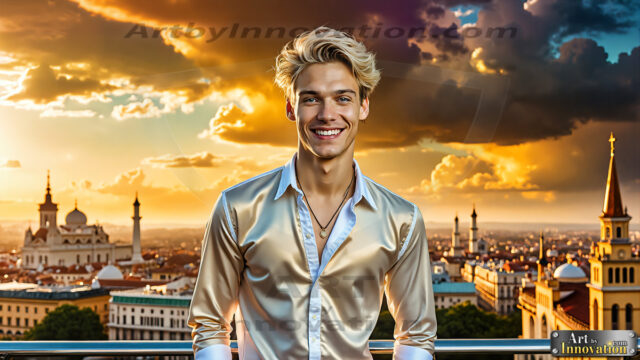 The Men of the Golden City is a collection of AI generated images of beautiful, glamorous, handsome guys in the heavens. The heavenly landscape evokes a sense of magnificence, the majestic gothic architecture, is detailed and crafted to create an atmosphere of reverence and divine glory. The mystical and galactic landscape highlights the golden city. The great detail of the city and the billowing clouds. A golden river flows from the city to the end of the galaxy. The vast galaxy almost covers the image. The stars and constellations sparkle in the galaxy. The city has massive, magnificent, majestic gothic architecture.