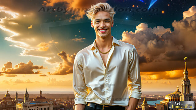 The Men of the Golden City is a collection of AI generated images of beautiful, glamorous, handsome guys in the heavens. The heavenly landscape evokes a sense of magnificence, the majestic gothic architecture, is detailed and crafted to create an atmosphere of reverence and divine glory. The mystical and galactic landscape highlights the golden city. The great detail of the city and the billowing clouds. A golden river flows from the city to the end of the galaxy. The vast galaxy almost covers the image. The stars and constellations sparkle in the galaxy. The city has massive, magnificent, majestic gothic architecture.