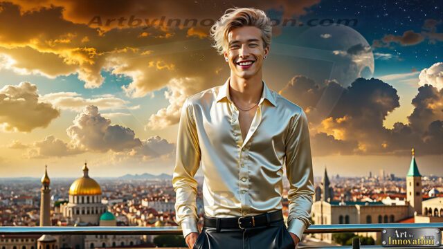The Men of the Golden City is a collection of AI generated images of beautiful, glamorous, handsome guys in the heavens. The heavenly landscape evokes a sense of magnificence, the majestic gothic architecture, is detailed and crafted to create an atmosphere of reverence and divine glory. The mystical and galactic landscape highlights the golden city. The great detail of the city and the billowing clouds. A golden river flows from the city to the end of the galaxy. The vast galaxy almost covers the image. The stars and constellations sparkle in the galaxy. The city has massive, magnificent, majestic gothic architecture.