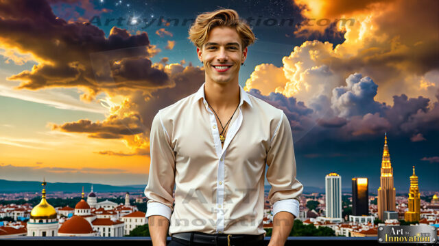 The Men of the Golden City is a collection of AI generated images of beautiful, glamorous, handsome guys in the heavens. The heavenly landscape evokes a sense of magnificence, the majestic gothic architecture, is detailed and crafted to create an atmosphere of reverence and divine glory. The mystical and galactic landscape highlights the golden city. The great detail of the city and the billowing clouds. A golden river flows from the city to the end of the galaxy. The vast galaxy almost covers the image. The stars and constellations sparkle in the galaxy. The city has massive, magnificent, majestic gothic architecture.