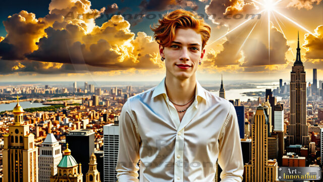 The Men of the Golden City is a collection of AI generated images of beautiful, glamorous, handsome guys in the heavens. The heavenly landscape evokes a sense of magnificence, the majestic gothic architecture, is detailed and crafted to create an atmosphere of reverence and divine glory. The mystical and galactic landscape highlights the golden city. The great detail of the city and the billowing clouds. A golden river flows from the city to the end of the galaxy. The vast galaxy almost covers the image. The stars and constellations sparkle in the galaxy. The city has massive, magnificent, majestic gothic architecture.