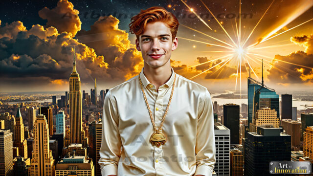 The Men of the Golden City is a collection of AI generated images of beautiful, glamorous, handsome guys in the heavens. The heavenly landscape evokes a sense of magnificence, the majestic gothic architecture, is detailed and crafted to create an atmosphere of reverence and divine glory. The mystical and galactic landscape highlights the golden city. The great detail of the city and the billowing clouds. A golden river flows from the city to the end of the galaxy. The vast galaxy almost covers the image. The stars and constellations sparkle in the galaxy. The city has massive, magnificent, majestic gothic architecture.