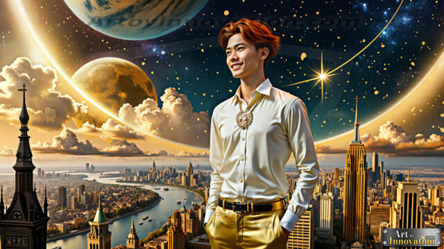 The Men of the Golden City is a collection of AI generated images of beautiful, glamorous, handsome guys in the heavens. The heavenly landscape evokes a sense of magnificence, the majestic gothic architecture, is detailed and crafted to create an atmosphere of reverence and divine glory. The mystical and galactic landscape highlights the golden city. The great detail of the city and the billowing clouds. A golden river flows from the city to the end of the galaxy. The vast galaxy almost covers the image. The stars and constellations sparkle in the galaxy. The city has massive, magnificent, majestic gothic architecture.