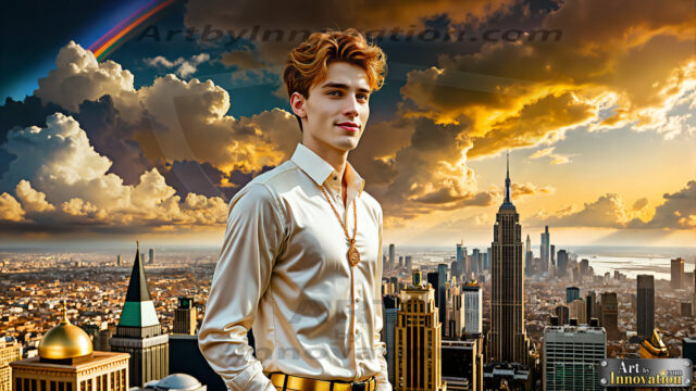The Men of the Golden City is a collection of AI generated images of beautiful, glamorous, handsome guys in the heavens. The heavenly landscape evokes a sense of magnificence, the majestic gothic architecture, is detailed and crafted to create an atmosphere of reverence and divine glory. The mystical and galactic landscape highlights the golden city. The great detail of the city and the billowing clouds. A golden river flows from the city to the end of the galaxy. The vast galaxy almost covers the image. The stars and constellations sparkle in the galaxy. The city has massive, magnificent, majestic gothic architecture.