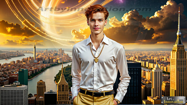 The Men of the Golden City is a collection of AI generated images of beautiful, glamorous, handsome guys in the heavens. The heavenly landscape evokes a sense of magnificence, the majestic gothic architecture, is detailed and crafted to create an atmosphere of reverence and divine glory. The mystical and galactic landscape highlights the golden city. The great detail of the city and the billowing clouds. A golden river flows from the city to the end of the galaxy. The vast galaxy almost covers the image. The stars and constellations sparkle in the galaxy. The city has massive, magnificent, majestic gothic architecture.