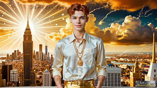 The Men of the Golden City is a collection of AI generated images of beautiful, glamorous, handsome guys in the heavens. The heavenly landscape evokes a sense of magnificence, the majestic gothic architecture, is detailed and crafted to create an atmosphere of reverence and divine glory. The mystical and galactic landscape highlights the golden city. The great detail of the city and the billowing clouds. A golden river flows from the city to the end of the galaxy. The vast galaxy almost covers the image. The stars and constellations sparkle in the galaxy. The city has massive, magnificent, majestic gothic architecture.
