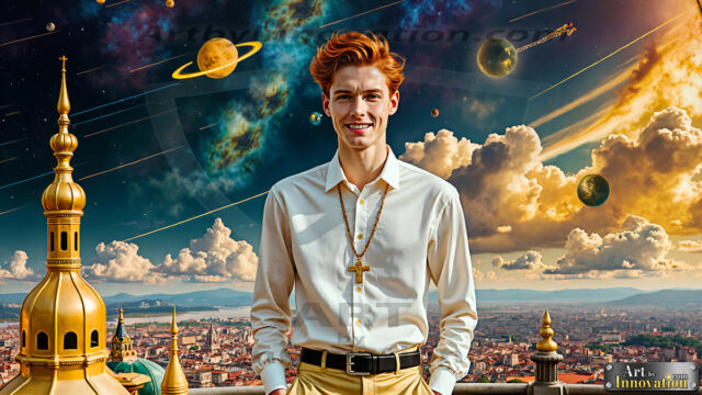 The Men of the Golden City is a collection of AI generated images of beautiful, glamorous, handsome guys in the heavens. The heavenly landscape evokes a sense of magnificence, the majestic gothic architecture, is detailed and crafted to create an atmosphere of reverence and divine glory. The mystical and galactic landscape highlights the golden city. The great detail of the city and the billowing clouds. A golden river flows from the city to the end of the galaxy. The vast galaxy almost covers the image. The stars and constellations sparkle in the galaxy. The city has massive, magnificent, majestic gothic architecture.