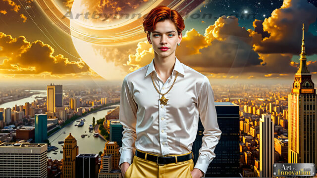 The Men of the Golden City is a collection of AI generated images of beautiful, glamorous, handsome guys in the heavens. The heavenly landscape evokes a sense of magnificence, the majestic gothic architecture, is detailed and crafted to create an atmosphere of reverence and divine glory. The mystical and galactic landscape highlights the golden city. The great detail of the city and the billowing clouds. A golden river flows from the city to the end of the galaxy. The vast galaxy almost covers the image. The stars and constellations sparkle in the galaxy. The city has massive, magnificent, majestic gothic architecture.