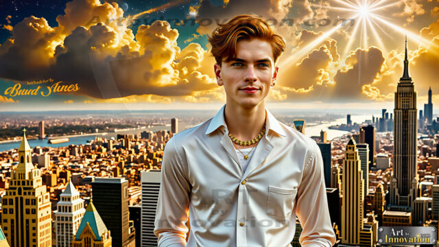 The Men of the Golden City is a collection of AI generated images of beautiful, glamorous, handsome guys in the heavens. The heavenly landscape evokes a sense of magnificence, the majestic gothic architecture, is detailed and crafted to create an atmosphere of reverence and divine glory. The mystical and galactic landscape highlights the golden city. The great detail of the city and the billowing clouds. A golden river flows from the city to the end of the galaxy. The vast galaxy almost covers the image. The stars and constellations sparkle in the galaxy. The city has massive, magnificent, majestic gothic architecture.