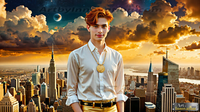 The Men of the Golden City is a collection of AI generated images of beautiful, glamorous, handsome guys in the heavens. The heavenly landscape evokes a sense of magnificence, the majestic gothic architecture, is detailed and crafted to create an atmosphere of reverence and divine glory. The mystical and galactic landscape highlights the golden city. The great detail of the city and the billowing clouds. A golden river flows from the city to the end of the galaxy. The vast galaxy almost covers the image. The stars and constellations sparkle in the galaxy. The city has massive, magnificent, majestic gothic architecture.