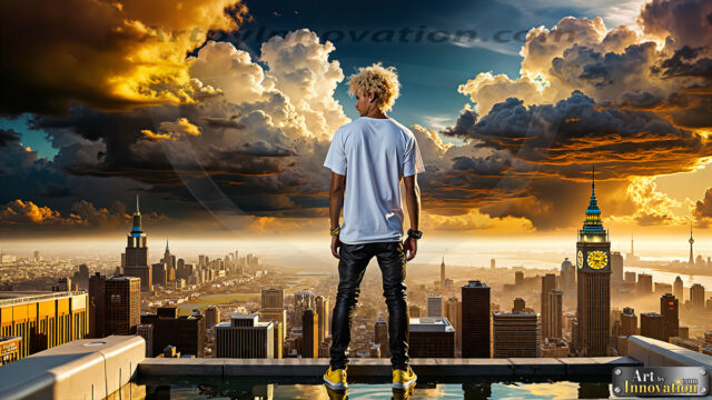 The Men of the Golden City is a collection of AI generated images of beautiful, glamorous, handsome guys in the heavens. The heavenly landscape evokes a sense of magnificence, the majestic gothic architecture, is detailed and crafted to create an atmosphere of reverence and divine glory. The mystical and galactic landscape highlights the golden city. The great detail of the city and the billowing clouds. A golden river flows from the city to the end of the galaxy. The vast galaxy almost covers the image. The stars and constellations sparkle in the galaxy. The city has massive, magnificent, majestic gothic architecture.