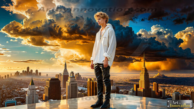 The Men of the Golden City is a collection of AI generated images of beautiful, glamorous, handsome guys in the heavens. The heavenly landscape evokes a sense of magnificence, the majestic gothic architecture, is detailed and crafted to create an atmosphere of reverence and divine glory. The mystical and galactic landscape highlights the golden city. The great detail of the city and the billowing clouds. A golden river flows from the city to the end of the galaxy. The vast galaxy almost covers the image. The stars and constellations sparkle in the galaxy. The city has massive, magnificent, majestic gothic architecture.