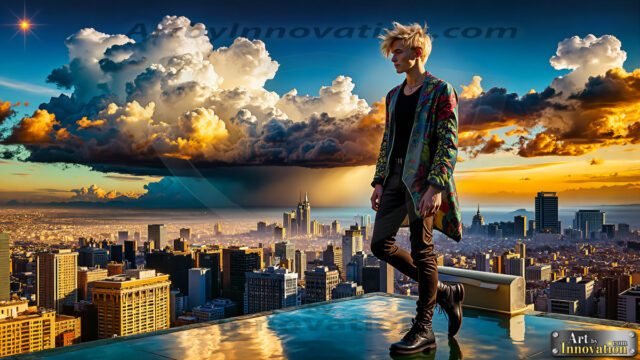 The Men of the Golden City is a collection of AI generated images of beautiful, glamorous, handsome guys in the heavens. The heavenly landscape evokes a sense of magnificence, the majestic gothic architecture, is detailed and crafted to create an atmosphere of reverence and divine glory. The mystical and galactic landscape highlights the golden city. The great detail of the city and the billowing clouds. A golden river flows from the city to the end of the galaxy. The vast galaxy almost covers the image. The stars and constellations sparkle in the galaxy. The city has massive, magnificent, majestic gothic architecture.