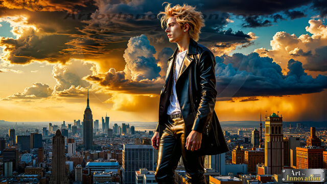 The Men of the Golden City is a collection of AI generated images of beautiful, glamorous, handsome guys in the heavens. The heavenly landscape evokes a sense of magnificence, the majestic gothic architecture, is detailed and crafted to create an atmosphere of reverence and divine glory. The mystical and galactic landscape highlights the golden city. The great detail of the city and the billowing clouds. A golden river flows from the city to the end of the galaxy. The vast galaxy almost covers the image. The stars and constellations sparkle in the galaxy. The city has massive, magnificent, majestic gothic architecture.