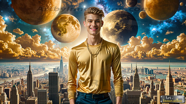 The Men of the Golden City is a collection of AI generated images of beautiful, glamorous, handsome guys in the heavens. The heavenly landscape evokes a sense of magnificence, the majestic gothic architecture, is detailed and crafted to create an atmosphere of reverence and divine glory. The mystical and galactic landscape highlights the golden city. The great detail of the city and the billowing clouds. A golden river flows from the city to the end of the galaxy. The vast galaxy almost covers the image. The stars and constellations sparkle in the galaxy. The city has massive, magnificent, majestic gothic architecture.