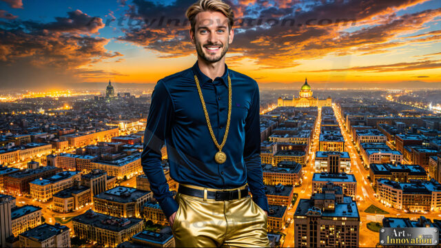 The Men of the Golden City is a collection of AI generated images of beautiful, glamorous, handsome guys in the heavens. The heavenly landscape evokes a sense of magnificence, the majestic gothic architecture, is detailed and crafted to create an atmosphere of reverence and divine glory. The mystical and galactic landscape highlights the golden city. The great detail of the city and the billowing clouds. A golden river flows from the city to the end of the galaxy. The vast galaxy almost covers the image. The stars and constellations sparkle in the galaxy. The city has massive, magnificent, majestic gothic architecture.