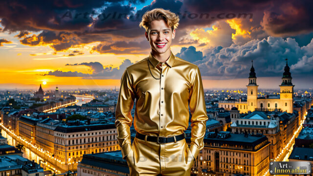 The Men of the Golden City is a collection of AI generated images of beautiful, glamorous, handsome guys in the heavens. The heavenly landscape evokes a sense of magnificence, the majestic gothic architecture, is detailed and crafted to create an atmosphere of reverence and divine glory. The mystical and galactic landscape highlights the golden city. The great detail of the city and the billowing clouds. A golden river flows from the city to the end of the galaxy. The vast galaxy almost covers the image. The stars and constellations sparkle in the galaxy. The city has massive, magnificent, majestic gothic architecture.