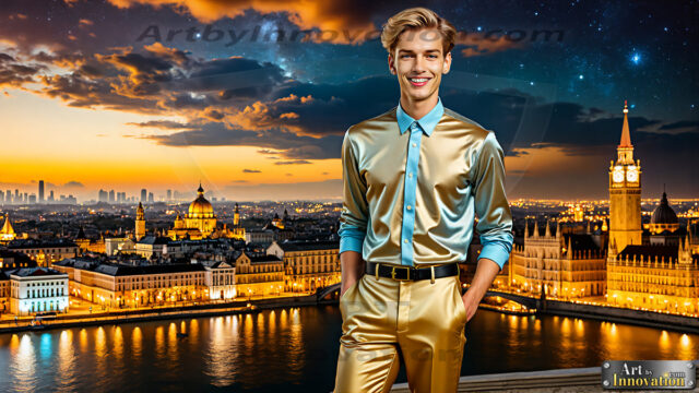 The Men of the Golden City is a collection of AI generated images of beautiful, glamorous, handsome guys in the heavens. The heavenly landscape evokes a sense of magnificence, the majestic gothic architecture, is detailed and crafted to create an atmosphere of reverence and divine glory. The mystical and galactic landscape highlights the golden city. The great detail of the city and the billowing clouds. A golden river flows from the city to the end of the galaxy. The vast galaxy almost covers the image. The stars and constellations sparkle in the galaxy. The city has massive, magnificent, majestic gothic architecture.