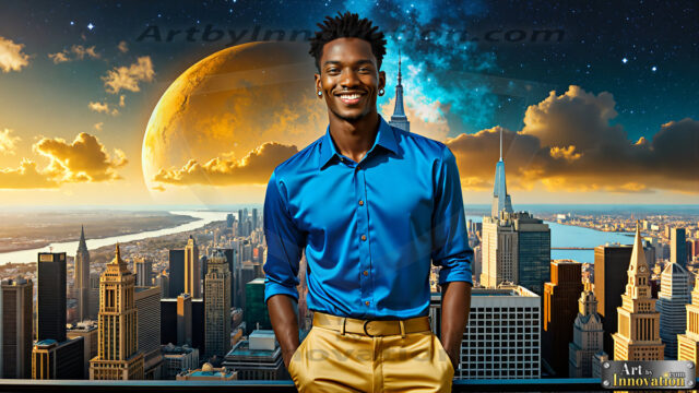 The Men of the Golden City is a collection of AI generated images of beautiful, glamorous, handsome guys in the heavens. The heavenly landscape evokes a sense of magnificence, the majestic gothic architecture, is detailed and crafted to create an atmosphere of reverence and divine glory. The mystical and galactic landscape highlights the golden city. The great detail of the city and the billowing clouds. A golden river flows from the city to the end of the galaxy. The vast galaxy almost covers the image. The stars and constellations sparkle in the galaxy. The city has massive, magnificent, majestic gothic architecture.