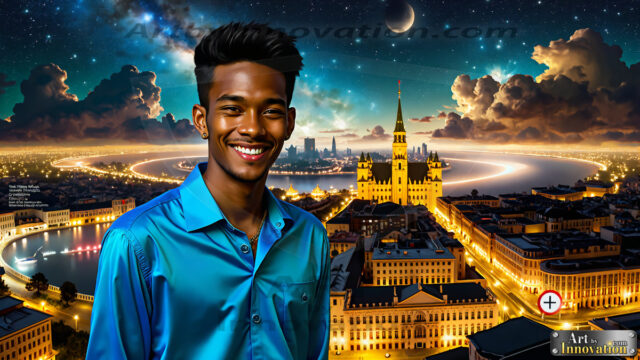 The Men of the Golden City is a collection of AI generated images of beautiful, glamorous, handsome guys in the heavens. The heavenly landscape evokes a sense of magnificence, the majestic gothic architecture, is detailed and crafted to create an atmosphere of reverence and divine glory. The mystical and galactic landscape highlights the golden city. The great detail of the city and the billowing clouds. A golden river flows from the city to the end of the galaxy. The vast galaxy almost covers the image. The stars and constellations sparkle in the galaxy. The city has massive, magnificent, majestic gothic architecture.