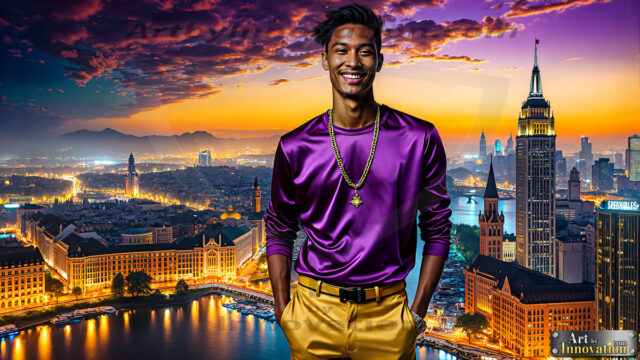 The Men of the Golden City is a collection of AI generated images of beautiful, glamorous, handsome guys in the heavens. The heavenly landscape evokes a sense of magnificence, the majestic gothic architecture, is detailed and crafted to create an atmosphere of reverence and divine glory. The mystical and galactic landscape highlights the golden city. The great detail of the city and the billowing clouds. A golden river flows from the city to the end of the galaxy. The vast galaxy almost covers the image. The stars and constellations sparkle in the galaxy. The city has massive, magnificent, majestic gothic architecture.