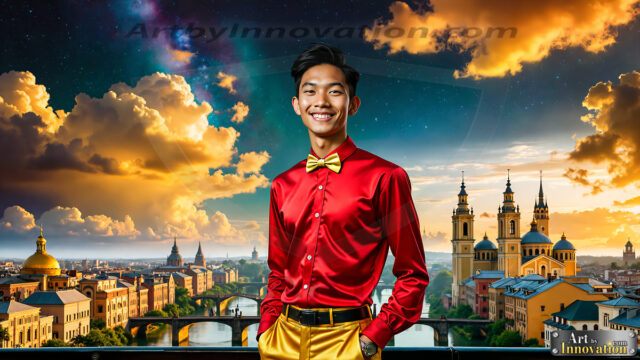The Men of the Golden City is a collection of AI generated images of beautiful, glamorous, handsome guys in the heavens. The heavenly landscape evokes a sense of magnificence, the majestic gothic architecture, is detailed and crafted to create an atmosphere of reverence and divine glory. The mystical and galactic landscape highlights the golden city. The great detail of the city and the billowing clouds. A golden river flows from the city to the end of the galaxy. The vast galaxy almost covers the image. The stars and constellations sparkle in the galaxy. The city has massive, magnificent, majestic gothic architecture.