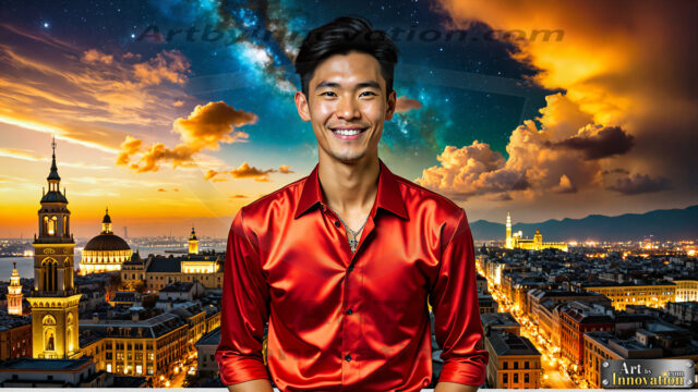 The Men of the Golden City is a collection of AI generated images of beautiful, glamorous, handsome guys in the heavens. The heavenly landscape evokes a sense of magnificence, the majestic gothic architecture, is detailed and crafted to create an atmosphere of reverence and divine glory. The mystical and galactic landscape highlights the golden city. The great detail of the city and the billowing clouds. A golden river flows from the city to the end of the galaxy. The vast galaxy almost covers the image. The stars and constellations sparkle in the galaxy. The city has massive, magnificent, majestic gothic architecture.