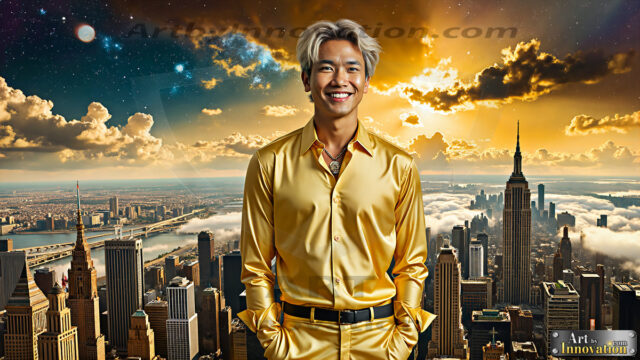 The Men of the Golden City is a collection of AI generated images of beautiful, glamorous, handsome guys in the heavens. The heavenly landscape evokes a sense of magnificence, the majestic gothic architecture, is detailed and crafted to create an atmosphere of reverence and divine glory. The mystical and galactic landscape highlights the golden city. The great detail of the city and the billowing clouds. A golden river flows from the city to the end of the galaxy. The vast galaxy almost covers the image. The stars and constellations sparkle in the galaxy. The city has massive, magnificent, majestic gothic architecture.