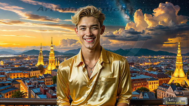 The Men of the Golden City is a collection of AI generated images of beautiful, glamorous, handsome guys in the heavens. The heavenly landscape evokes a sense of magnificence, the majestic gothic architecture, is detailed and crafted to create an atmosphere of reverence and divine glory. The mystical and galactic landscape highlights the golden city. The great detail of the city and the billowing clouds. A golden river flows from the city to the end of the galaxy. The vast galaxy almost covers the image. The stars and constellations sparkle in the galaxy. The city has massive, magnificent, majestic gothic architecture.