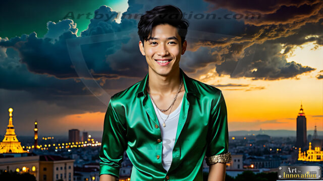 The Men of the Golden City is a collection of AI generated images of beautiful, glamorous, handsome guys in the heavens. The heavenly landscape evokes a sense of magnificence, the majestic gothic architecture, is detailed and crafted to create an atmosphere of reverence and divine glory. The mystical and galactic landscape highlights the golden city. The great detail of the city and the billowing clouds. A golden river flows from the city to the end of the galaxy. The vast galaxy almost covers the image. The stars and constellations sparkle in the galaxy. The city has massive, magnificent, majestic gothic architecture.