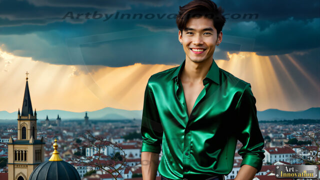 The Men of the Golden City is a collection of AI generated images of beautiful, glamorous, handsome guys in the heavens. The heavenly landscape evokes a sense of magnificence, the majestic gothic architecture, is detailed and crafted to create an atmosphere of reverence and divine glory. The mystical and galactic landscape highlights the golden city. The great detail of the city and the billowing clouds. A golden river flows from the city to the end of the galaxy. The vast galaxy almost covers the image. The stars and constellations sparkle in the galaxy. The city has massive, magnificent, majestic gothic architecture.