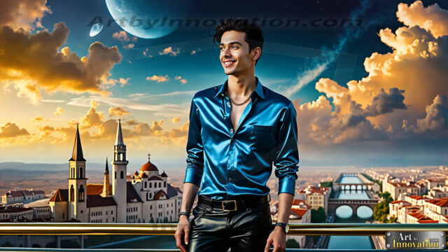 The Men of the Golden City is a collection of AI generated images of beautiful, glamorous, handsome guys in the heavens. The heavenly landscape evokes a sense of magnificence, the majestic gothic architecture, is detailed and crafted to create an atmosphere of reverence and divine glory. The mystical and galactic landscape highlights the golden city. The great detail of the city and the billowing clouds. A golden river flows from the city to the end of the galaxy. The vast galaxy almost covers the image. The stars and constellations sparkle in the galaxy. The city has massive, magnificent, majestic gothic architecture.