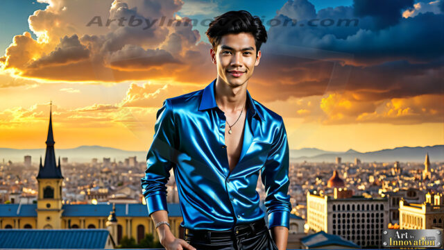 The Men of the Golden City is a collection of AI generated images of beautiful, glamorous, handsome guys in the heavens. The heavenly landscape evokes a sense of magnificence, the majestic gothic architecture, is detailed and crafted to create an atmosphere of reverence and divine glory. The mystical and galactic landscape highlights the golden city. The great detail of the city and the billowing clouds. A golden river flows from the city to the end of the galaxy. The vast galaxy almost covers the image. The stars and constellations sparkle in the galaxy. The city has massive, magnificent, majestic gothic architecture.